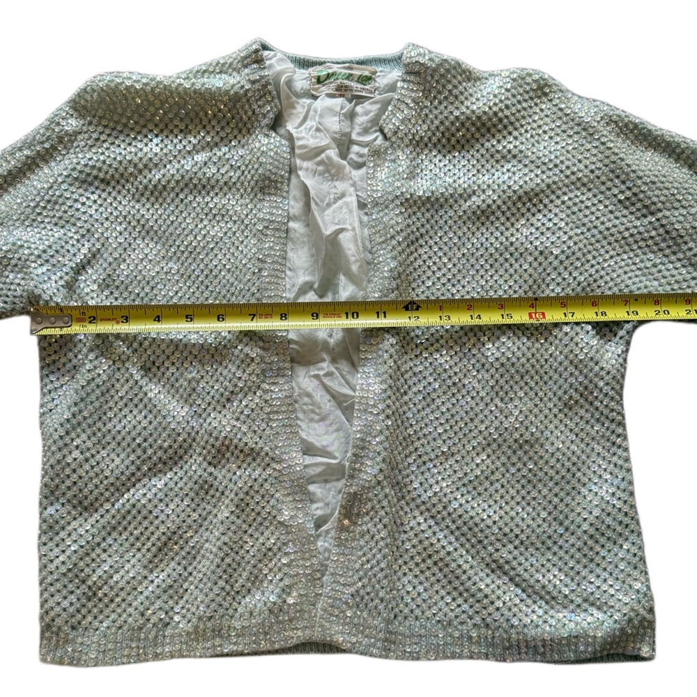1960s Vintage Blue Wool Sequin Sweater Cardigan - Picture 15 of 16